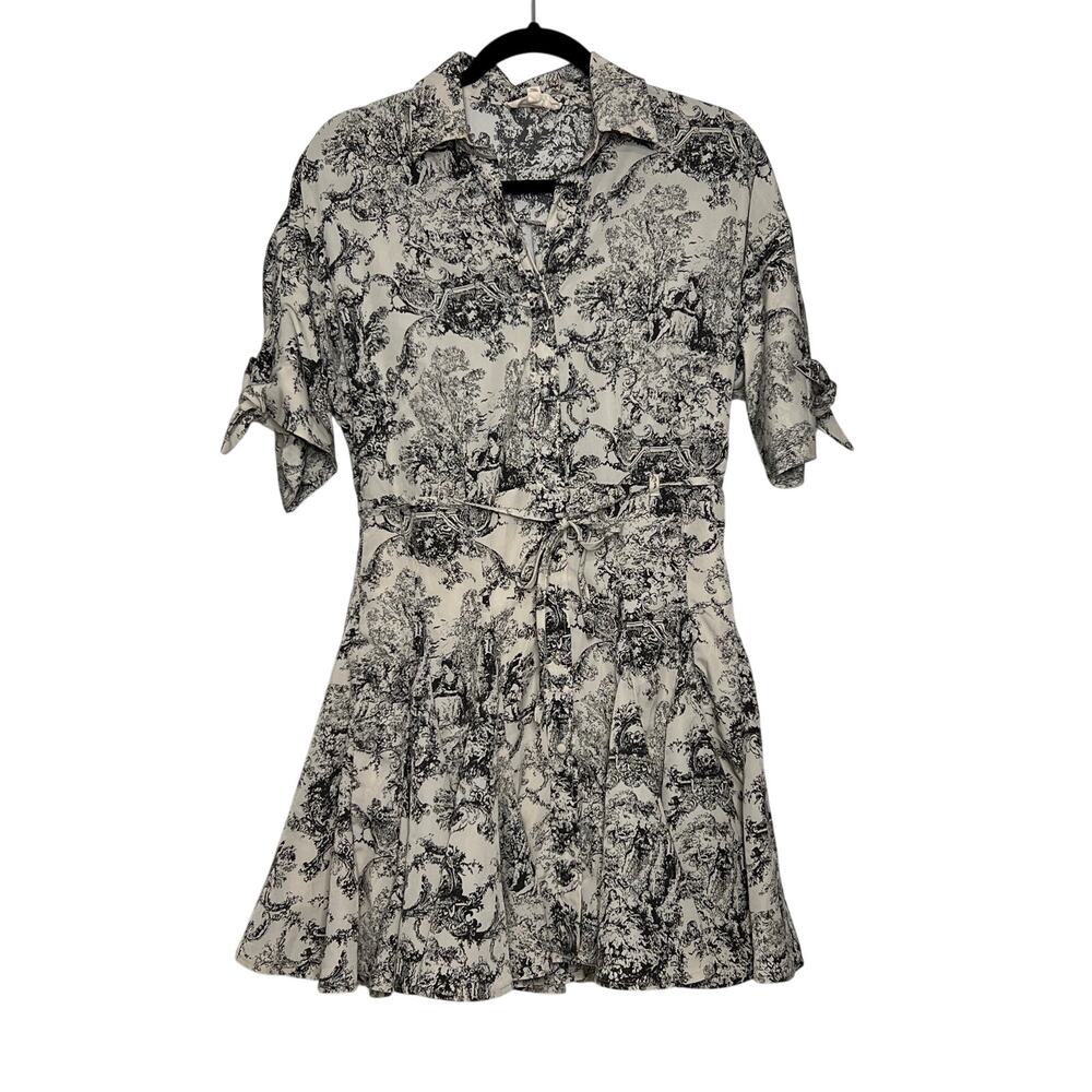 Umgee Small Toile Print Shirt Dress Black Beige Collared Tie Waist Boho
